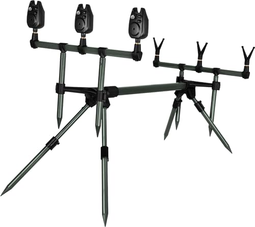 normani Rutenhalter Rod Pod Aluminium Angelständer Rutenauflage mit Bissanzeiger und V-Auflagen - Verstellbarer Rutenständer für 3 Ruten mit Teleskopfüßen und Transporttasche Farbe Oliv