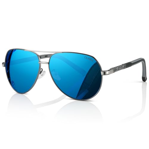 Olwen XXL Pilotenbrille für große Köpfe (polarisiert), extra groß, hoch, XL + Gratis Hartschalenetui, Blauer Spiegel, 67 mm Sonnenbrille