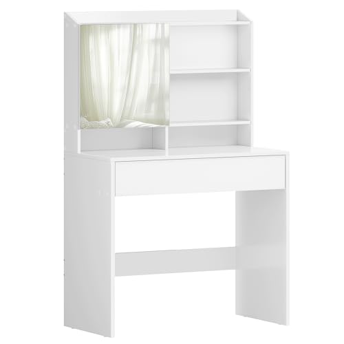 VASAGLE Schminktisch, Frisiertisch mit Spiegel und Einer Schublade, Kosmetiktisch, verstellbare Ablagen, modern, 40 x 70 x 136 cm, wolkenweiß RDT118W01