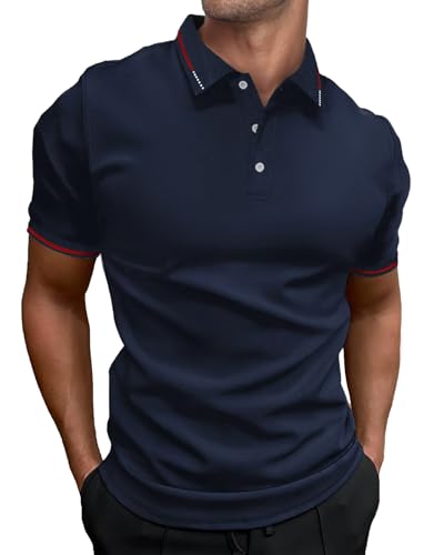 HMIYA Herren Poloshirt-Kontrast Kurzarm Polohemd Male Polo Klassisches,Navy,L