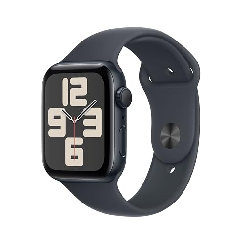 Apple Watch SE 2. Generation GPS-Smartwatch mit Aluminiumgehäuse in Mitternacht, 44 mm, Sportarmband für Mitternacht, Größe M/L, Trainings- und Schlafüberwachung, wasserdicht