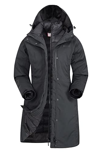 Mountain Warehouse Alaskan 3-in-1 Damen Winter Mantel - Lange, wasserdichte Winterjacke, Warme Steppjacke Innenjacke mit Reißverschluss & Kapuze Tiefschwarz Damengröße EU 40