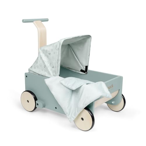Hauck Learn to Walk Dolls - 2in1 Puppenwagen & Lauflernwagen aus Holz für Kinder ab 12 Monaten inklusive Bettzeug mit Bremssystem, Gummierten Holzrädern, Höhenverstellbarer Griff & Klappbares Verdeck