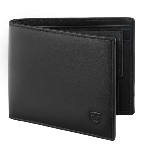 WONSEFOO Geldbörse Herren Leder mit RFID Schutz | Portmonee Slim mit 9 Kartenfächer Wallet Portemonnaie Herren Klein mit Münzfach | Geldbeutel Schwarz