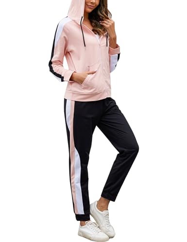 Litherday Jogginganzug Damen Lang Freizeitanzug Baumwolle Trainingsanzug Frauen Streifen Sportanzug, Hellrosa+Schwarz, M