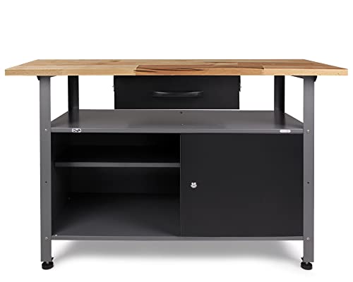 Ondis24 Montagewerkbank Werkbank Klaus 120 cm, Metall, abschließbarer Tür, höhenverstellbare Füße (Arbeitshöhe 85 cm, Schwarz Buchenplatte)
