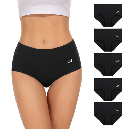 TANSTC Unterhosen Damen Unterwäsche Weich Baumwolle, 5er Pack Unterwäsche Frauen Stretch Hohe Taille Panties Damen Atmungsaktive Sexy Slip Hipster Damen Tochter Als Geschenk Erhältlich, M