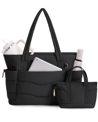 Handtasche Damen Tote Bag 2-TLG Puffer Shopper Tasche mit Laptopfach (15,6 Zoll) & Getränkehalter (40oz/1.18l), Ideal für Arbeit Schule Reisen Shopping,Schwarz (Patent Angemeldet)