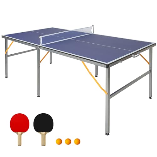 GYMFLEX 182x91cm Tischtennistisch faltbar & tragbar Mid-Size Ping Pong Tisch Set für Indoor & Outdoor Spiele mit Netz, 2 Tischtennisschläger & 3 Bälle
