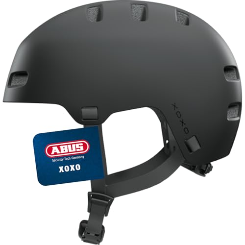 ABUS Fahrradhelm XOXO - Cityhelm im Skater-Look - Helm für Skateboard, Fahrrad, Scooter - mit optimiertem Kinnpolster - für Jugendliche und Erwachsene - Größe L, Schwarz