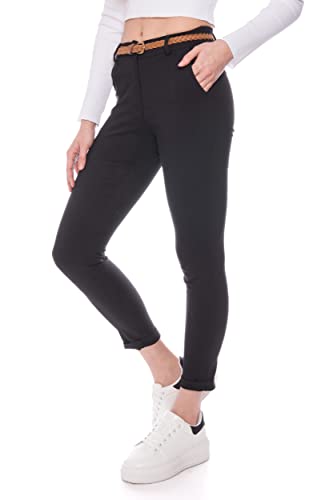 Kendindza Chino Damen Hose Stretch mit Gürtel Stoffhose Damen elegant lang (L, Schwarz)