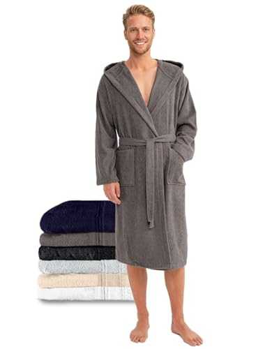 Twinzen Bademantel Herren 100% Baumwolle - Weich, Saugfähig, Aus Frottee, Oeko-Tex Zertifiziert - Dunkelgrau, Größe L