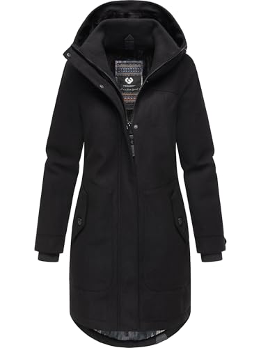 Ragwear Damen atmungsaktiver langer Wintermantel in Wollmantel-Optik warme Winterjacke Jannisa Coat YOUMODO Black Gr. M