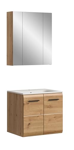 xonox.home – 2 TLG. Stilvolle Badmöbel-Kombination Ice 60x185x46 cm in Korpus und Front Artisan Oak Nachbildung – modernes Set für Dein Bad – edel & leicht zu reinigen