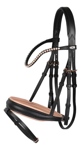 Marengos - Trensenzaum Comfort Rosé – Trense aus Leder – Reithalfter mit geradem Genickstück mit Ohrenfreiheit – Zaumzeug mit Zügel – Größe Vollblut – Pferde Zubehör in Schwarz