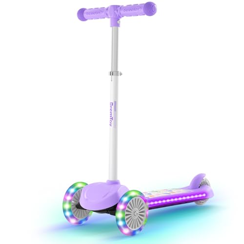 BremToy Roller Kinder 3 Jahre, Kinder Roller mit Leuchtendem Deck und PU-Beleuchtete-Rädern, 4-Stufig Höhenverstellbarer, Reaktionsschnelles Bremsen, leicht, Kinderroller für von 3–8 Jahren,Violett