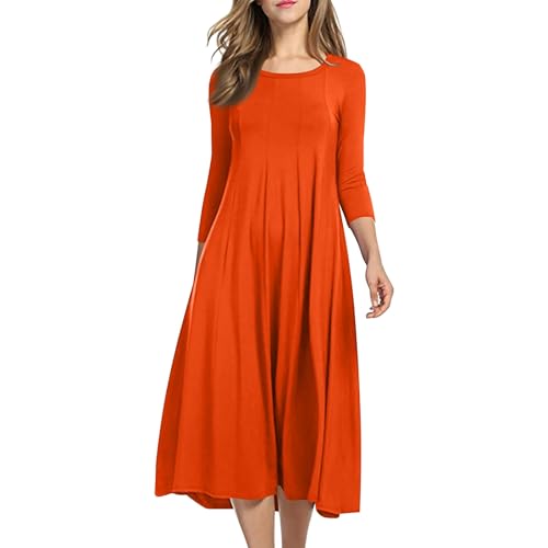 Kleid Damen Langarm Plissee Midikleid Damen Elegant A-Linien Lang Kleider Damen Midi 3/4 Ärmel Faltenkleid Frauen A Linie Rundhals Midikleider Einfarbig Locker Freizeit Damenkleider
