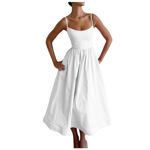 Damen Korsett Midi Kleid Sommerkleid, Tunika Bustier Spaghettiträger Sommerkleid Fließendes Cocktail Partykleid, Rückenfrei A-Linie Schlinge Strandkleid, Sexy Vintage Langes Kleid (3-White, S)