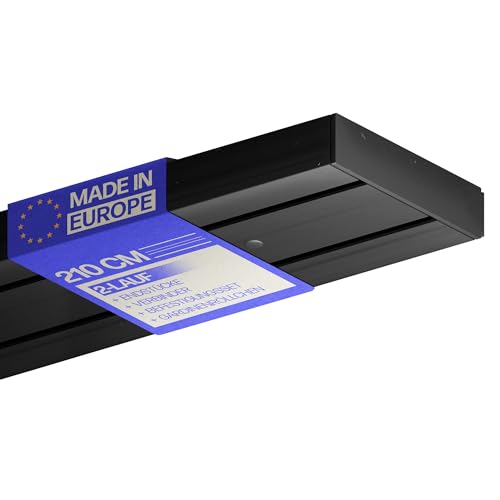 Bestlivings Gardinenschiene Schwarz (210cm / 2-läufig) Vorhangschiene Komplettset inkl. Zubehör (Befestigungs-Set, Seitendeckel, Gardinenröllchen)