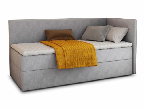 Sofnet Boxspringbett Flame mit Bettkasten - Einzelbett mit Bonell-Matratze und Topper, Polsterbett, Universelle Bettseite, Bett, Schlafzimmer, Kinderzimmer (Grau (Paros 05), 90 x 200 cm)