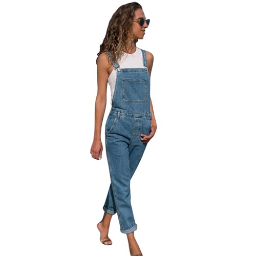 Lässige Damen-Latzhose, gewaschen, Used-Look, lange Hose, normale Passform, Jeans, Latzhose, Overall, klassische Jumpsuit-Hose mit Taschen, dunkelblau, 44