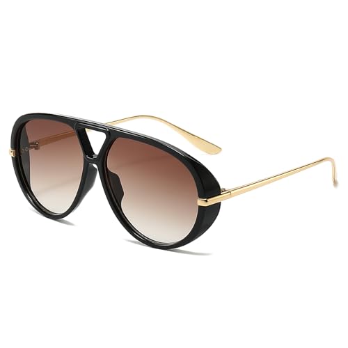 YAMEIZE Übergroße Piloten-Sonnenbrille für Damen und Herren, rund, 70er-Jahre, Retro, Doppelbrücke, Vintage, großer Rahmen, Punk-Sonnenbrille, UV400, schwarz / braun