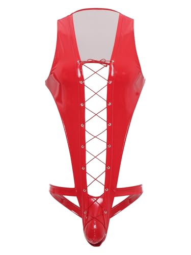 YiZYiF Wetlook Männer Catsuit Ouvert Mit Ausbuchtung Herren Stringbody Lack PU Leder Body Mit Schnürung Rot XXL