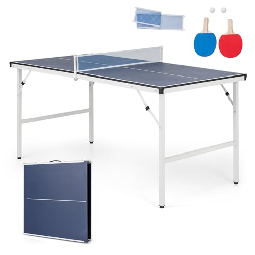 COSTWAY 152,5 x 76 cm Tischtennisplatte klappbar, Mini Tischtennistisch wetterfest, Ping Pong Tisch mit Netz, 2 Schlägern & Bällen, vormontierter Freizeitstisch für Indoor & Outdoor
