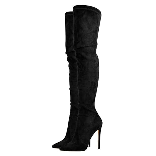 blingqueen Damen Overknee Stiefel Stiletto High Heels Spitze Thigh High Stretch Boots Veloursoptik Schwarz 43 EU
