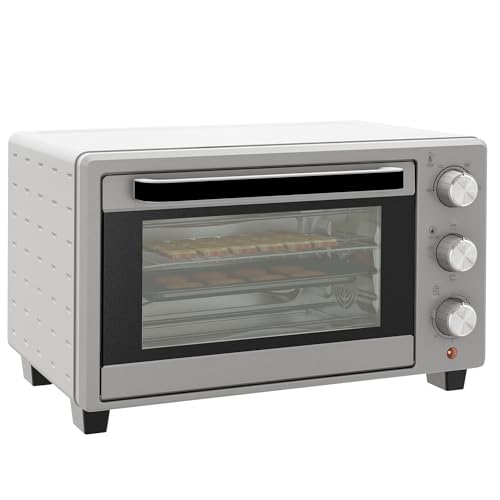 HOMCOM Mini Backofen 21 L 1400W 100-230℃ 60 Min. Timer inkl. Krümelblech, Backblech, Grillrost Fenster, Minibackofen Pizza-Ofen, Silber