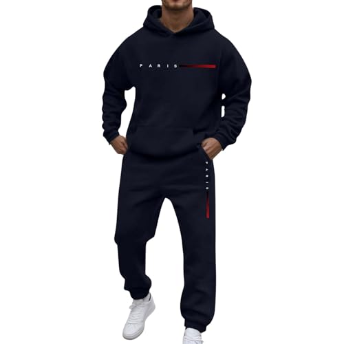 Generisch Trainingsanzug Herren Paris Logo Baumwolle Sportanzug Mit Taschen Hip Hop Hausanzug Mit Streetwear Und Jogginghose Zweiteiler Regular Fit Fitnessanzug Outdoor Training (Marine, XL)