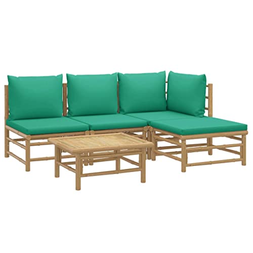 vidaXL Garten Lounge Set 5-TLG., Gartenmöbel Set mit Grünen Kissen, Sitzgruppe für Garten Terrasse, Modular Sofa Garnitur Loungemöbel, Bambus