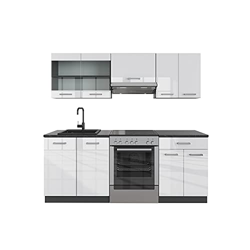 Vicco Küchenzeile R-Line, Weiß Hochglanz/Anthrazit, 200 cm ohne Arbeitsplatte