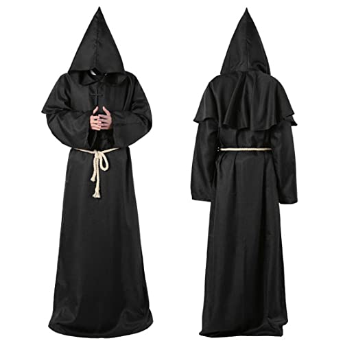 Wishstar Mönch Robe, XL Mittelalterliche Renaissance Robe, Kostüm Mönch mit Kapuze und Kordel, Schwarz Männer Prister Gewand Kostüm mit Kreuz für Mottoparty Halloween Cosplay Karneval und Fasching