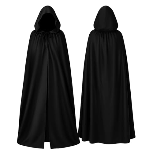 YEWCEP Schwarzer Umhang, 140cm Umhang Kostüm Mit Kapuze, Umhang für Halloween-Partys, Cosplay-Events Und Gothic-Themenabende, Frontman Kostüm, Vampir Kostüm Kinder