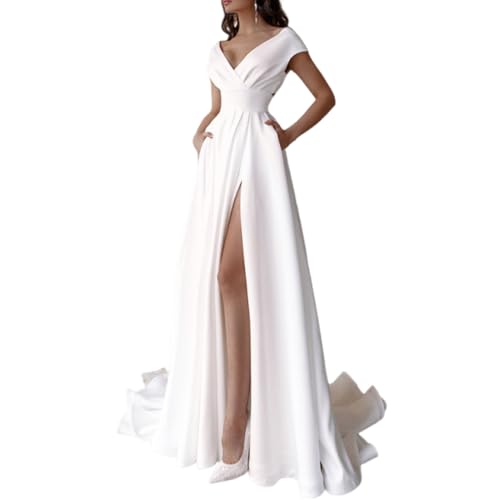 Damen Elegant Lange Ballkleider Langer Schlitz A-Linie Abendkleider Sexy Off Shoulder Brautkleid Kräuselsaum Bodenlang Kleid V-Ausschnitt Hochzeitskleid Lang Prinzessin Brautjungfer Kleid