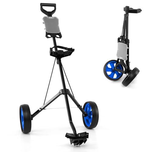 GYMAX Golf Trolley 2 Rad, Golftrolley klappbar mit Anzeigetafel, Leichter Golf Push Cart für Golfschläger und Golfbag (Blau)