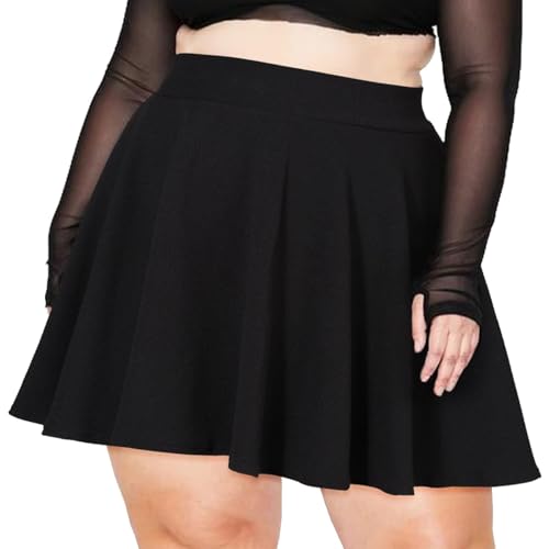 Moon Wood Damen Basic Mini Schwarz Skater Rock Stretch Hohe Taille Lässig Faltenrock Ausgestellt Pull On Skirt Röcke Große Größen, XL