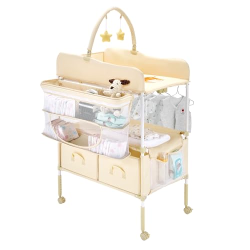VEVOR Wickeltisch, faltbare Wickelstation mit 2 Stoffschubladen & Seitenkorb & Kleiderstange, höhenverstellbarer tragbarer Wickelkombi mit feststellbaren Rädern und 2 Sternspielzeugen, Hellbeige