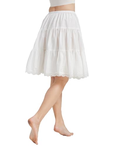 BEAUTELICATE Unterrock Damen Baumwolle Vintage A-Linie Rock Lang Kurz Halbrock mit Spitze Petticoat Unterrock für Dirndl Durchsichtige Kleider,Elfenbein Weiß - 55cm Länge,M