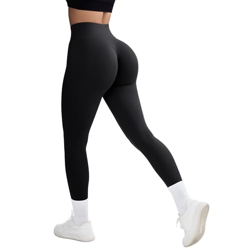 RXRXCOCO Damen Invisible Scrunch Butt Gym Sport Leggings High Waist Yoga Legging Booty Workout Leggings Booty Lifting Po Push Up Sporthose mit Taschen Schwarz M