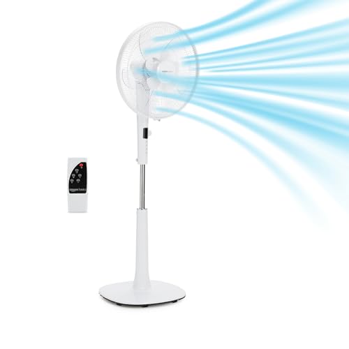 Amazon Basics Standventilator 40 cm mit DC-Motor, 12 Geschwindigkeiten und Fernbedienung, 3 Windmodi, Doppelschicht-Rotorblätter, Timer, Energieeffizient und Leiser DC-Motor (28W), Weiß