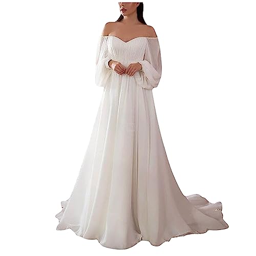 Brautkleid Lang Chiffon Abendkleider Elegant Für Hochzeit Hochzeitskleid Weiß Maxikleid Schulterfrei Hochzeitskleider Festliches Cocktailkleid Frauen Rückenfrei Brautkleid Standesamt A Linie