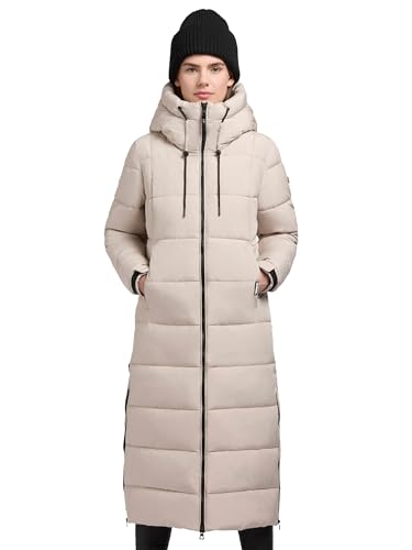 khujo Damen Wintermantel Warmer Steppmantel extralang mit Gehschlitzen und Verstellbarer Kapuze Deria3-YM Soft Beige Gr. XXL