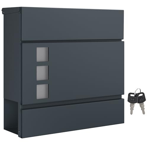 SONGMICS XXL Briefkasten, Postkasten mit Zeitungsfach, 10,5 x 37 x 37 cm, Aufkleber gegen unerwünschte Werbung, Sichtfenster, abschließbar, 2 Schlüssel, modern, einfache Montage, anthrazit GMB052G01