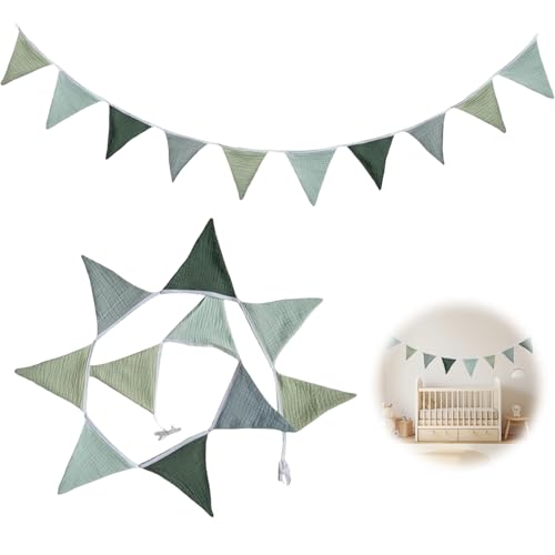 Wimpelkette Kinderzimmer Deko,Wimpelkette Grün Girlande Stoff,Kinderzimmer Deko Junge deko Junge Hausbett Kinderbett,wimpelkette Stoff Geburtstag,Girlande kinderzimmer Baumwolle