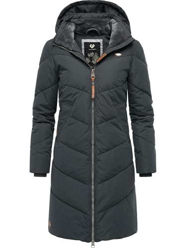 Ragwear Damen Wintermantel Warmer wasserdichter Steppmantel lang mit Abnehmbarer Kapuze Rebelka Dark Grey22 Gr. L