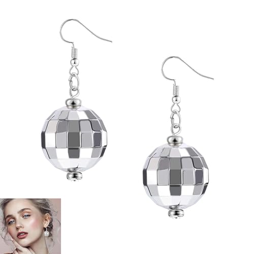 Discokugel Ohrringe, Lustige Ohrringe Damen, Discokugel Accessoires, Disco Kugel Kostüm, für Damen Und Mädchen Retro Disco Motto Party Kostüm Zubehör(Silber)
