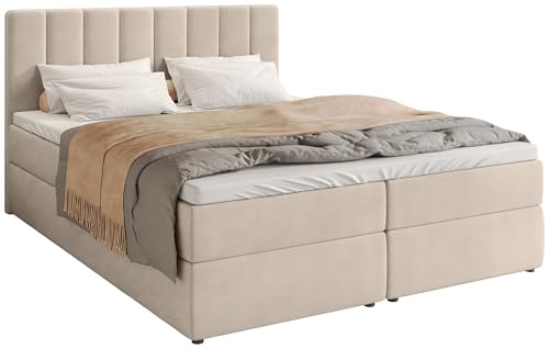 BROMARKT Boxspringbett mit Bonell Matratze Härtegrad H3 140x200cm Polsterbett mit Bettkasten Doppelbett mit Topper gepolsterte Kopfstütze Bett für Schlafzimmer Denver Beige