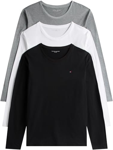 Tommy Hilfiger Herren 3er Pack Langarmshirts mit Rundhalsausschnitt, Mehrfarbig (White/Black/Grey Heather), L